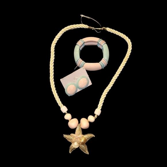Vintage 80s Pastel Jewelry Set Starfish Pendant Necklace Earrings Bracelet - Picture 4 of 16